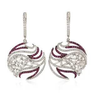 18K White Gold Pave Pink Sapphire Prong Uncut Diamond Cluster Earrings