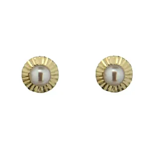 18K Yellow Gold Diamond Cut Bezel Pearl Screwback Earrings