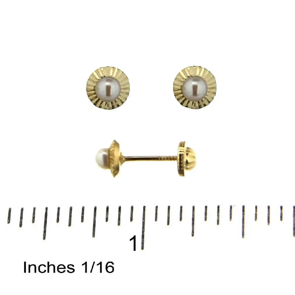 18K Yellow Gold Diamond Cut Bezel Pearl Screwback Earrings