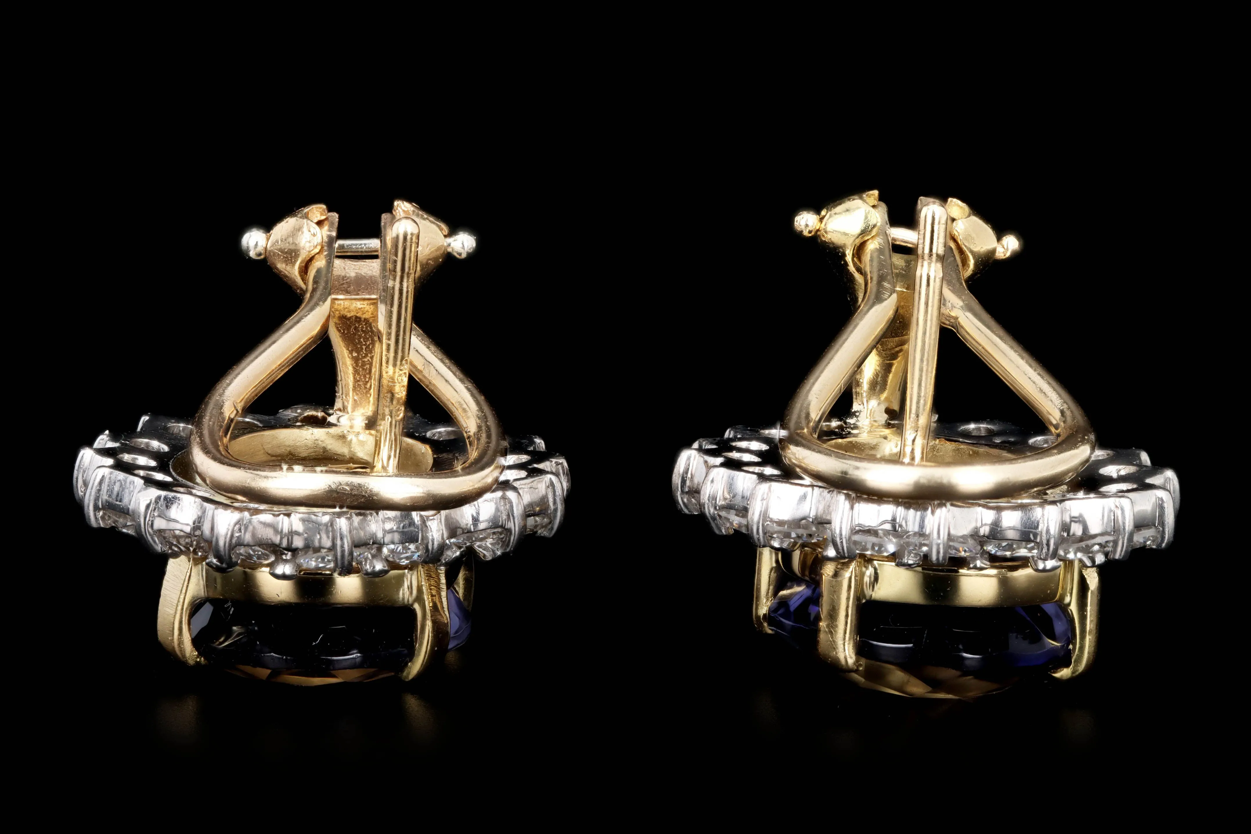 18K Yellow Gold Platinum 10 Carat Total Weight Oval Tanzanite & Diamond Halo Stud Earrings