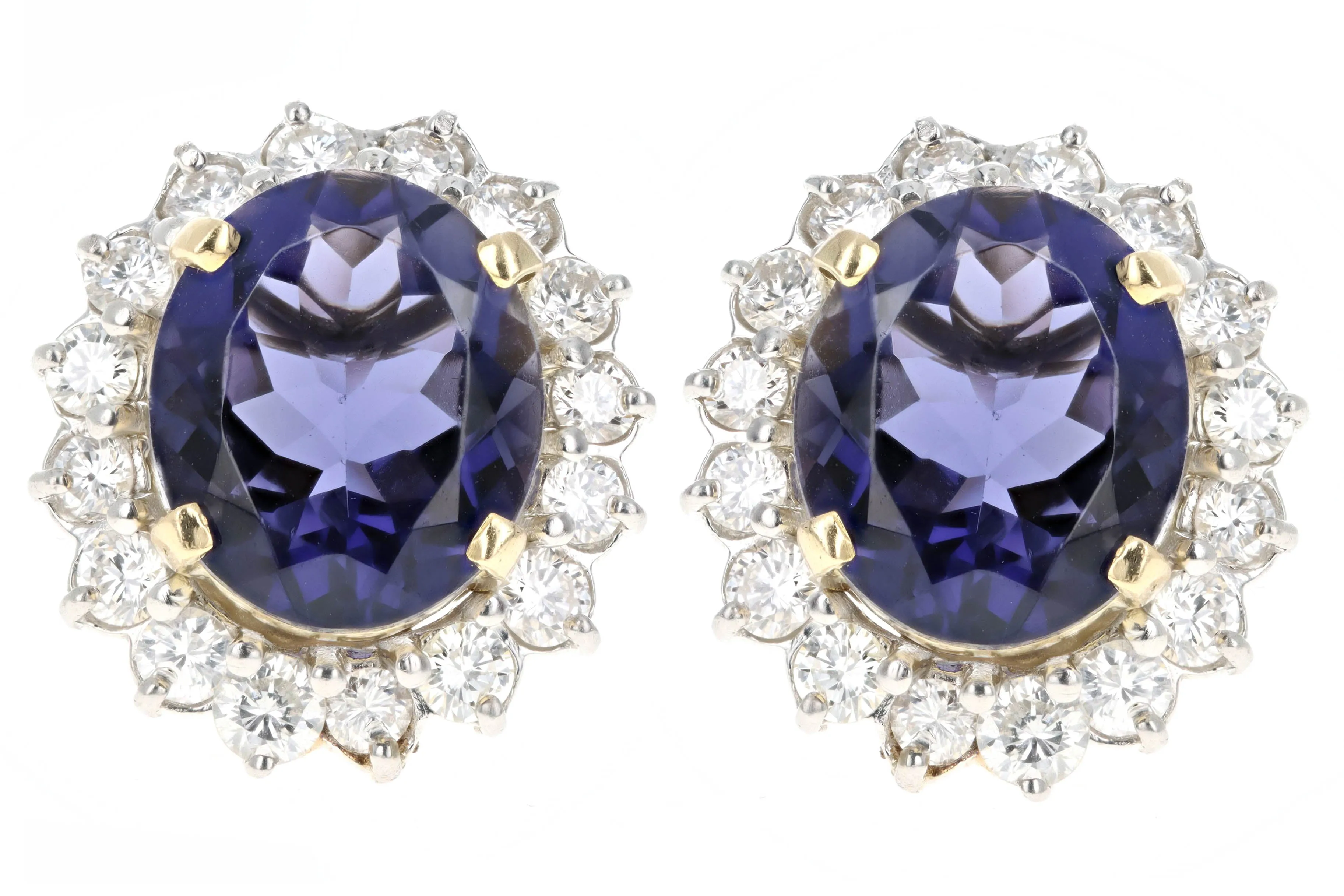18K Yellow Gold Platinum 10 Carat Total Weight Oval Tanzanite & Diamond Halo Stud Earrings
