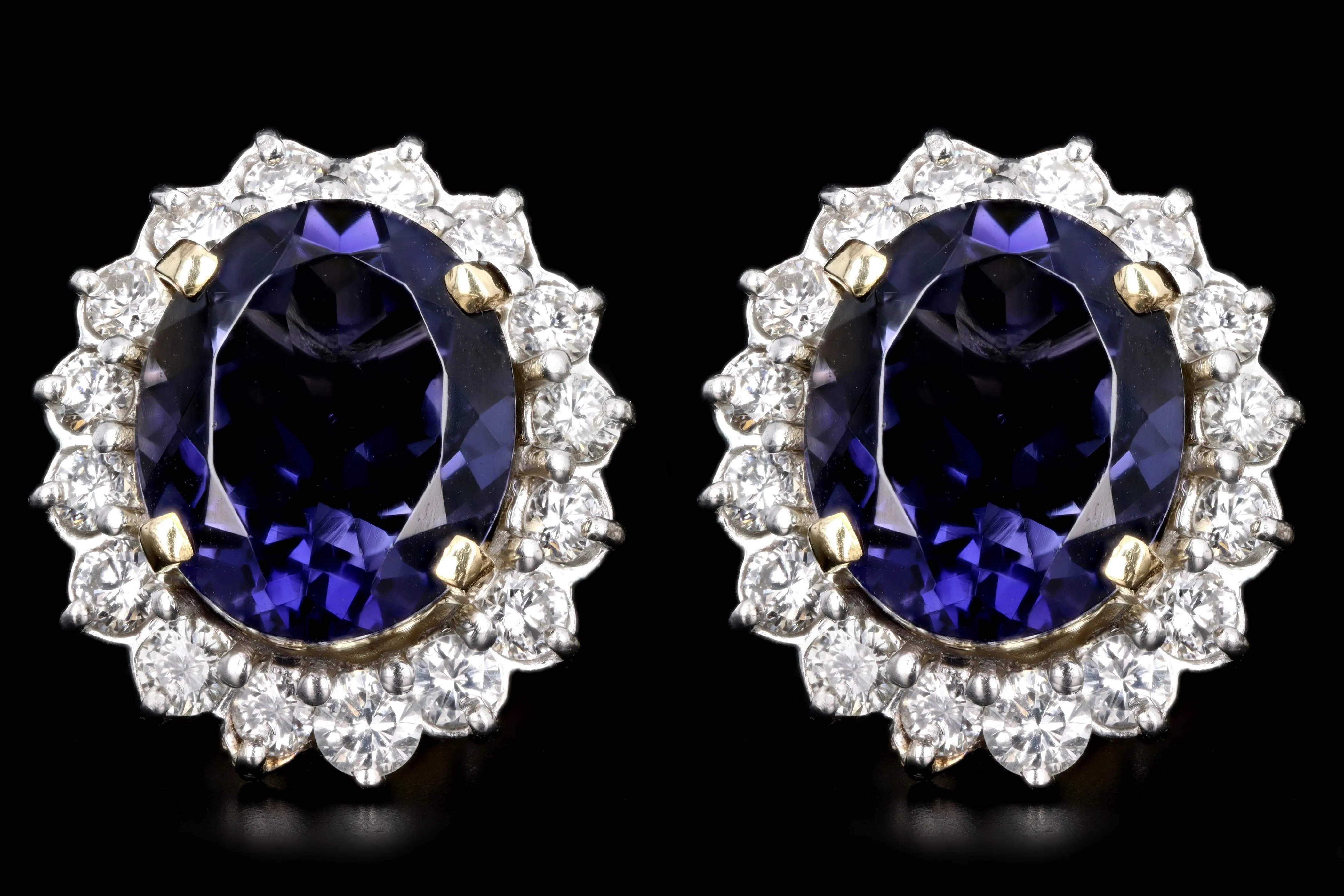 18K Yellow Gold Platinum 10 Carat Total Weight Oval Tanzanite & Diamond Halo Stud Earrings