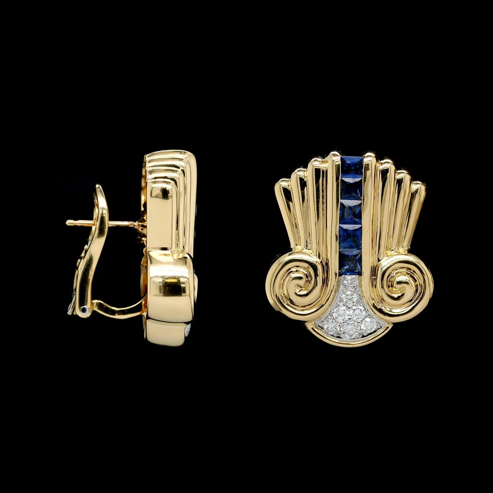 18K Yellow Gold, Platinum Estate Sapphire and Diamond Earring