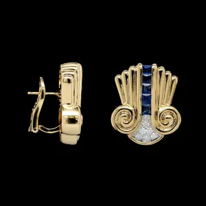 18K Yellow Gold, Platinum Estate Sapphire and Diamond Earring