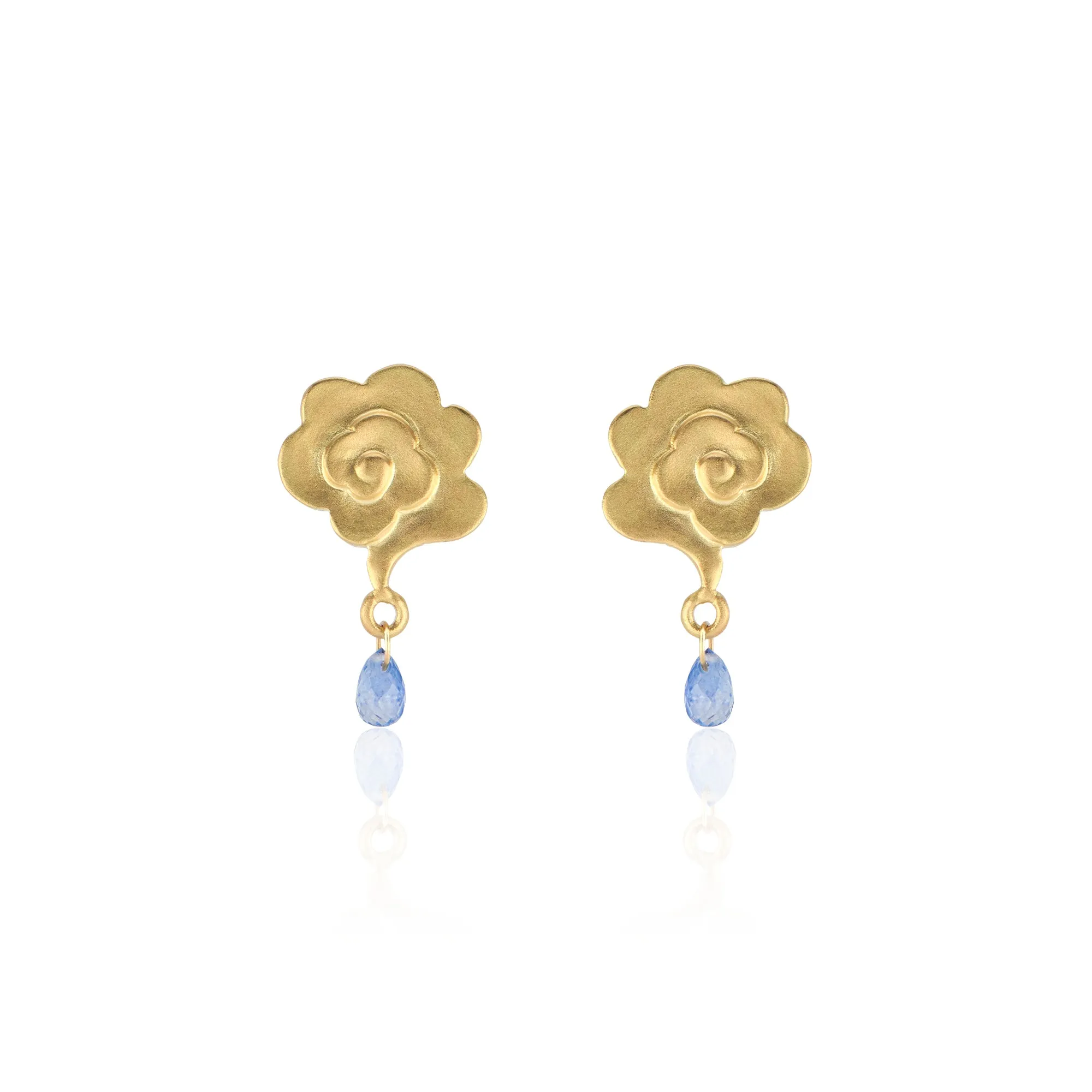 18K Yellow Gold Rain Cloud Stud Earrings with Blue Sapphire Raindrops