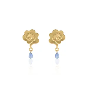 18K Yellow Gold Rain Cloud Stud Earrings with Blue Sapphire Raindrops