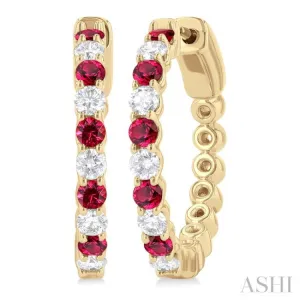2.4 MM Round Cut Rubby and 5/8 ctw Round Cut Diamond Precious Hoop Earring in 14K Yellow Gold