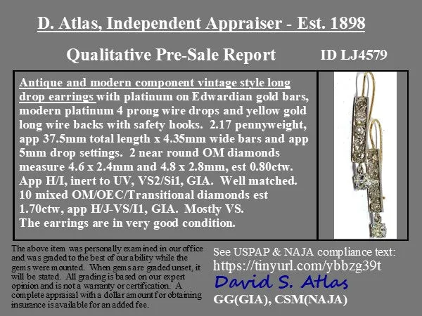 2.50ctw Antique Old European Cut Diamond Bar Drop Earrings