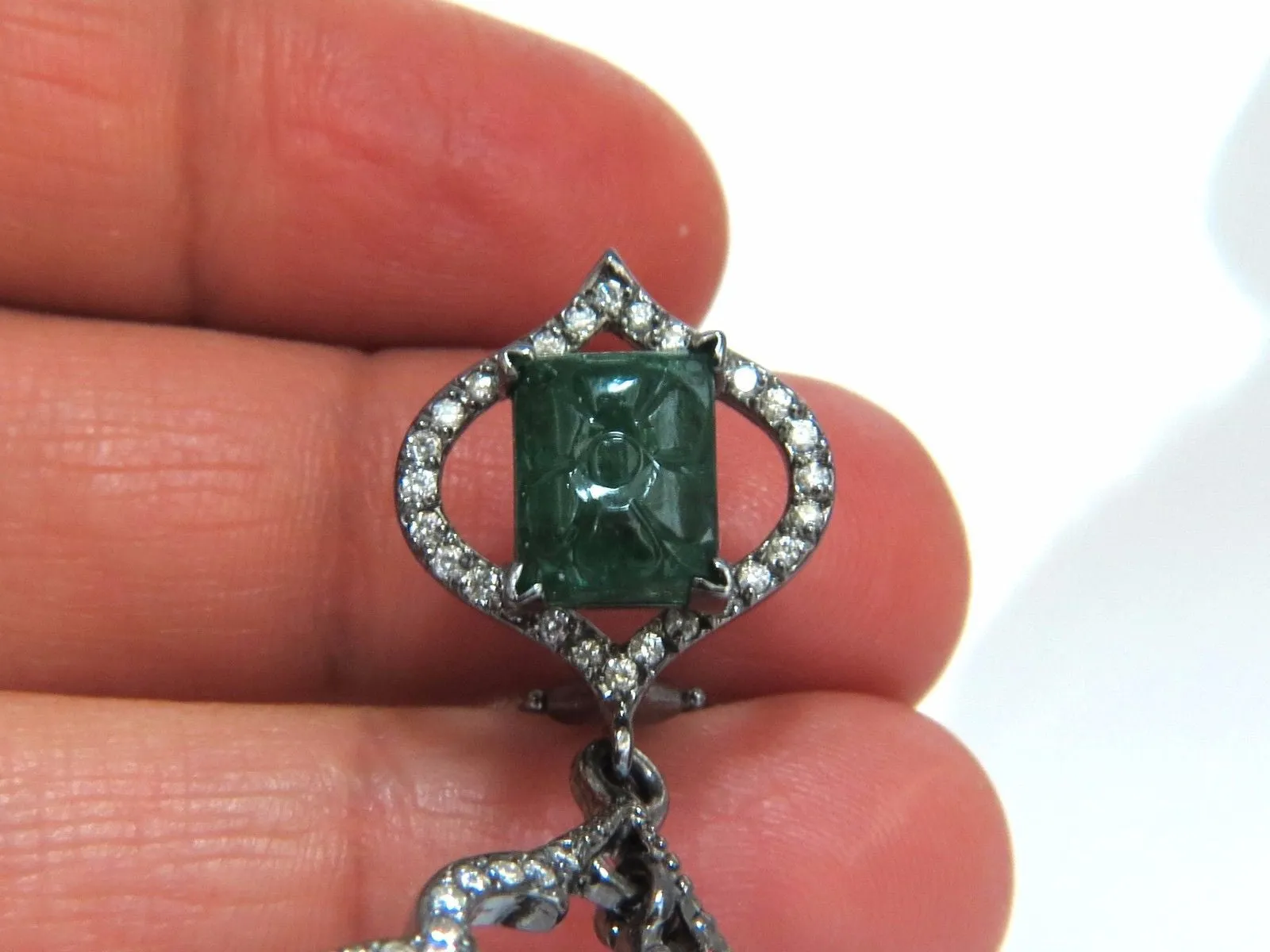 29.50ct NATURAL CARVED EMERALDS DIAMONDS DANGLING EARRINGS LARGE SIZE
