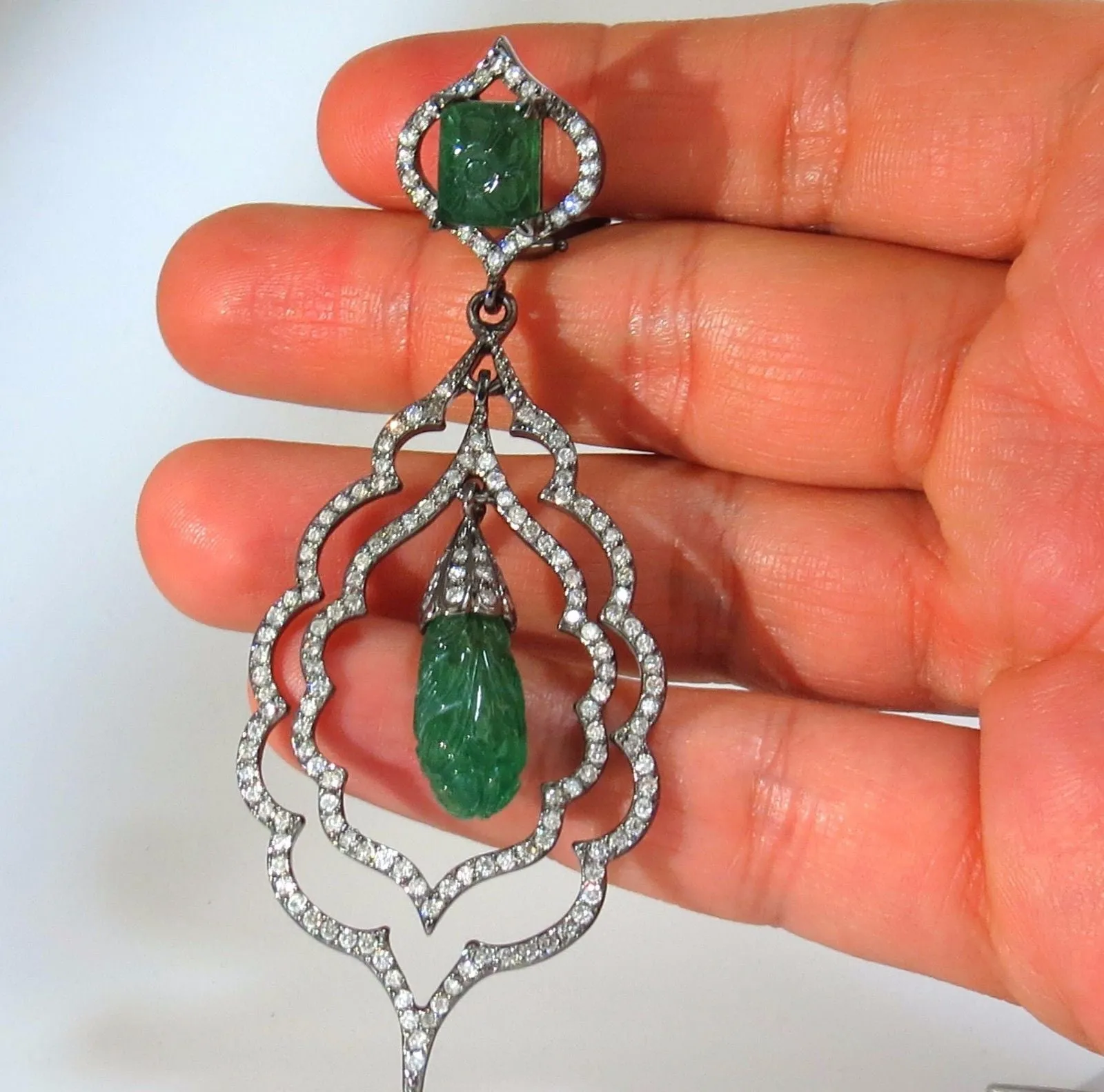 29.50ct NATURAL CARVED EMERALDS DIAMONDS DANGLING EARRINGS LARGE SIZE