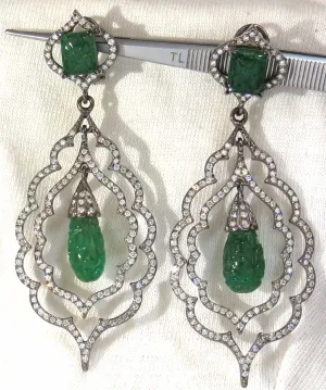 29.50ct NATURAL CARVED EMERALDS DIAMONDS DANGLING EARRINGS LARGE SIZE
