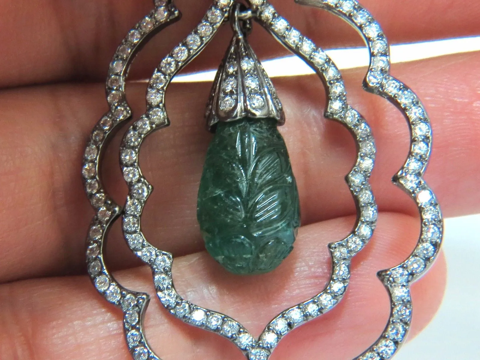29.50ct NATURAL CARVED EMERALDS DIAMONDS DANGLING EARRINGS LARGE SIZE