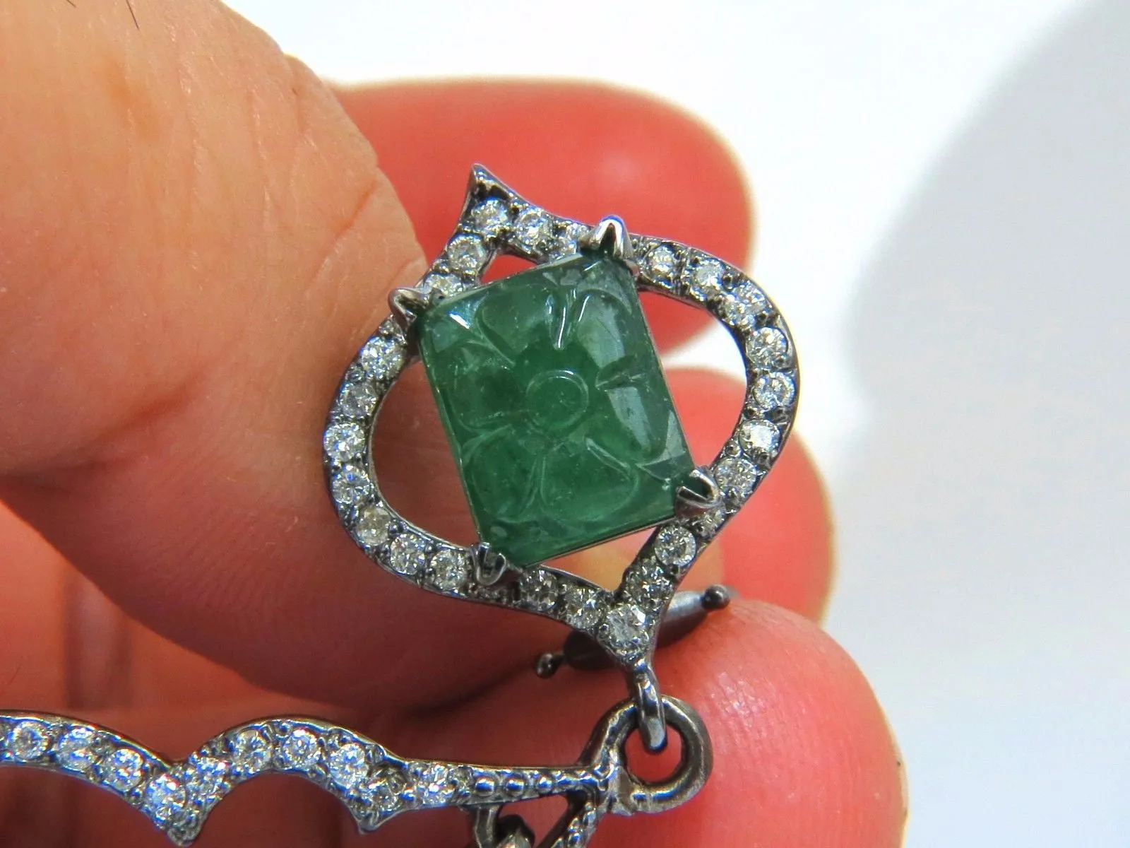29.50ct NATURAL CARVED EMERALDS DIAMONDS DANGLING EARRINGS LARGE SIZE