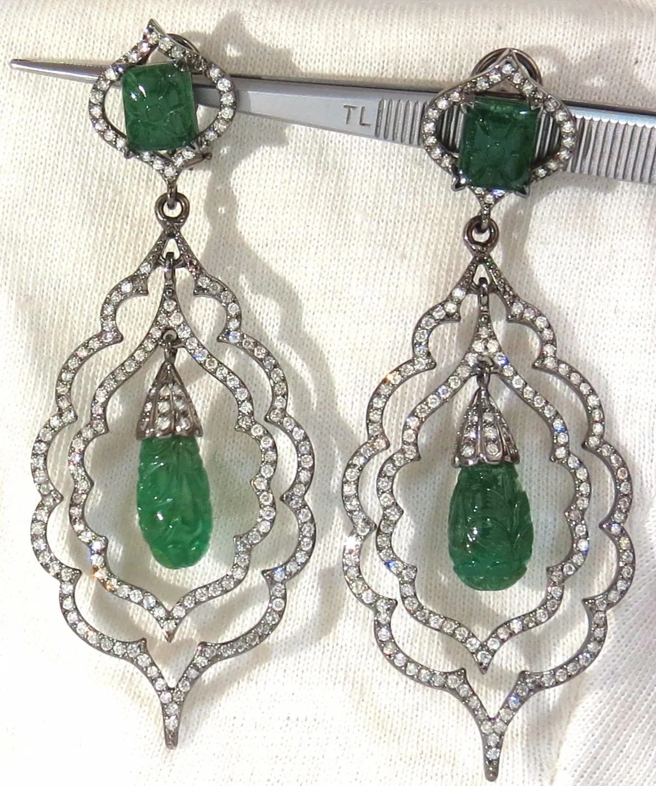 29.50ct NATURAL CARVED EMERALDS DIAMONDS DANGLING EARRINGS LARGE SIZE