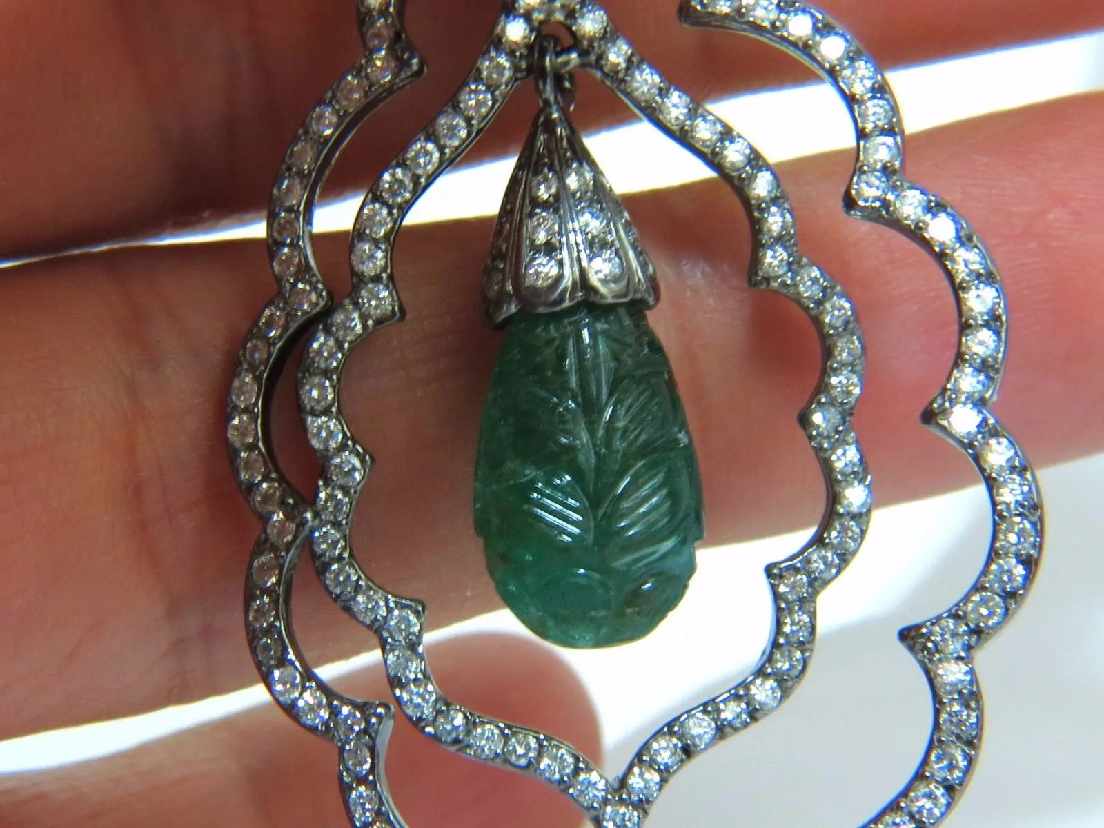 29.50ct NATURAL CARVED EMERALDS DIAMONDS DANGLING EARRINGS LARGE SIZE