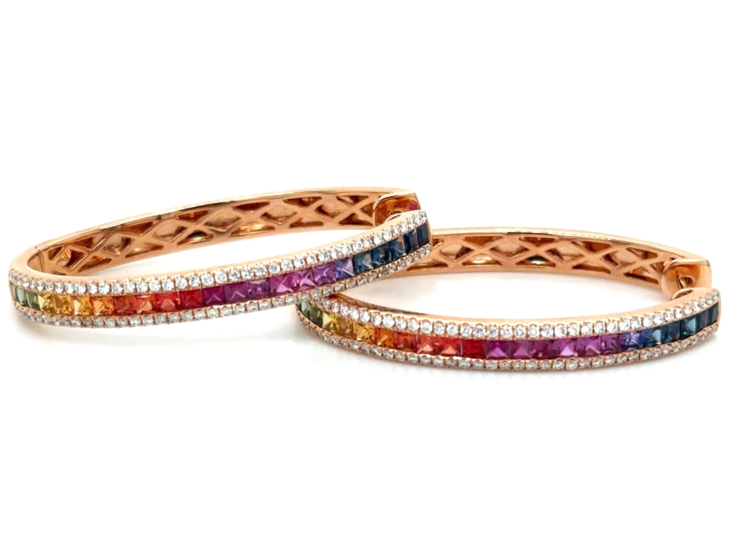 3.20ct tw Rainbow Princess-cut Sapphire & Diamond Rose Gold Hoop Earrings
