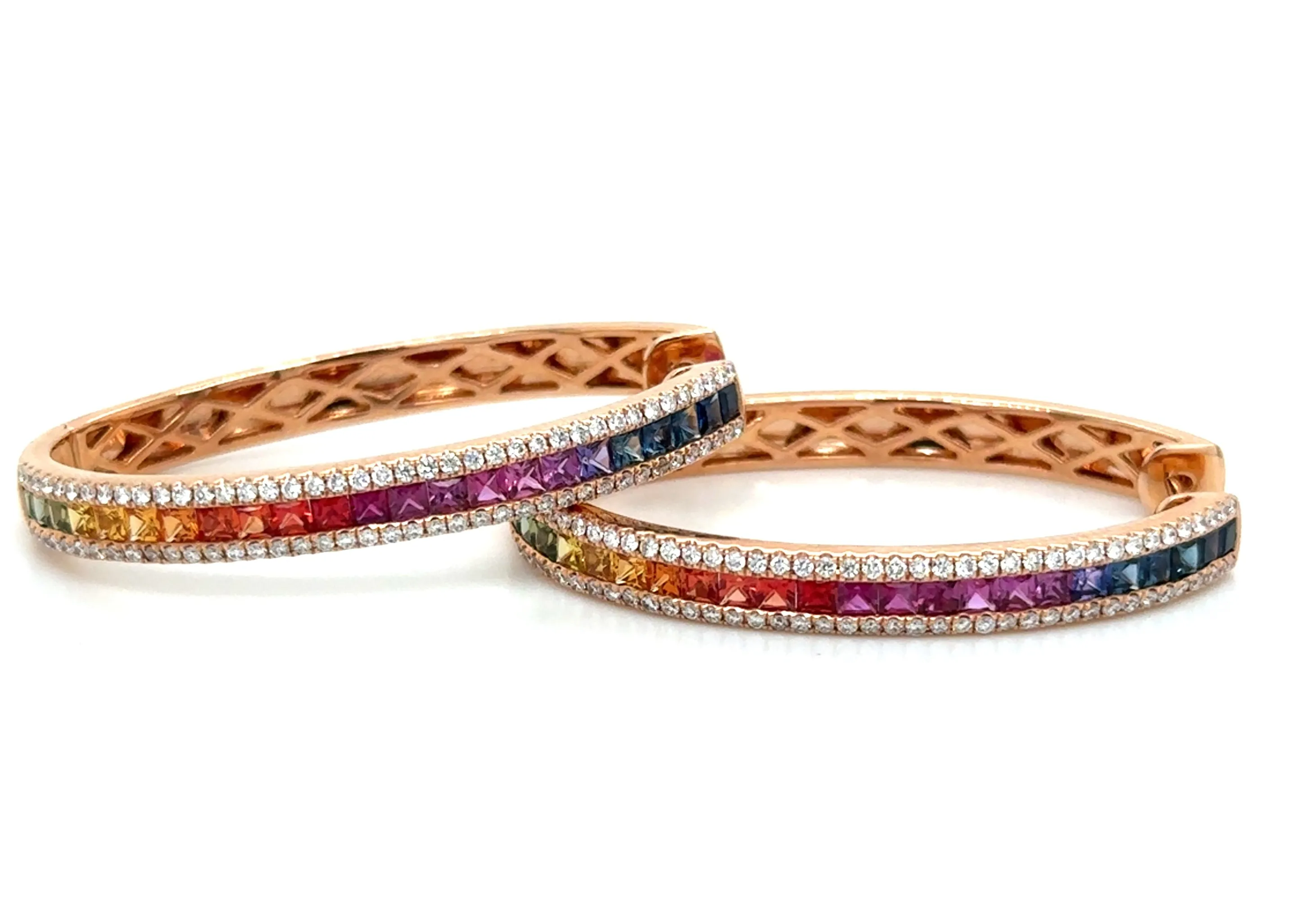 3.20ct tw Rainbow Princess-cut Sapphire & Diamond Rose Gold Hoop Earrings