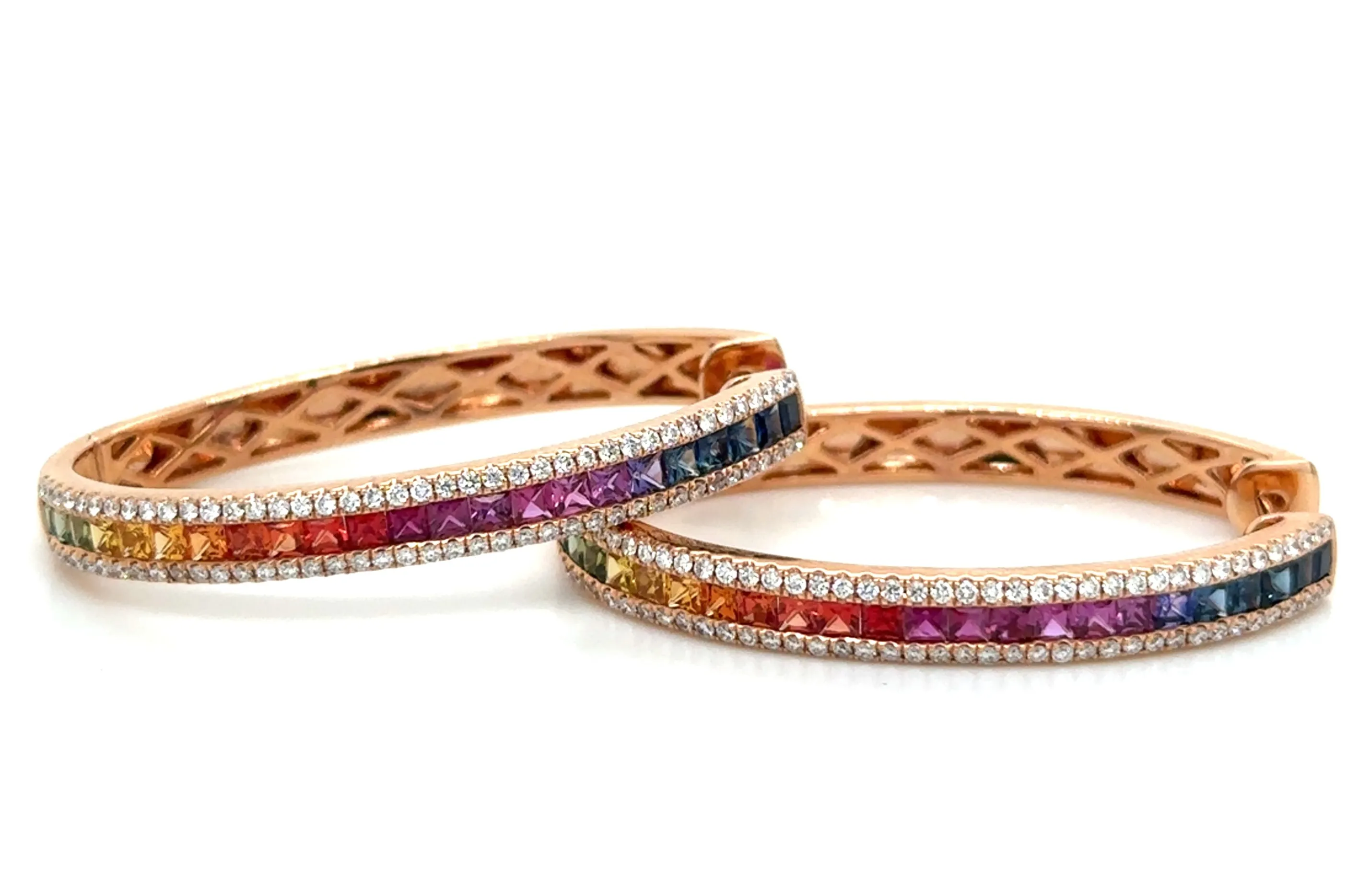 3.20ct tw Rainbow Princess-cut Sapphire & Diamond Rose Gold Hoop Earrings