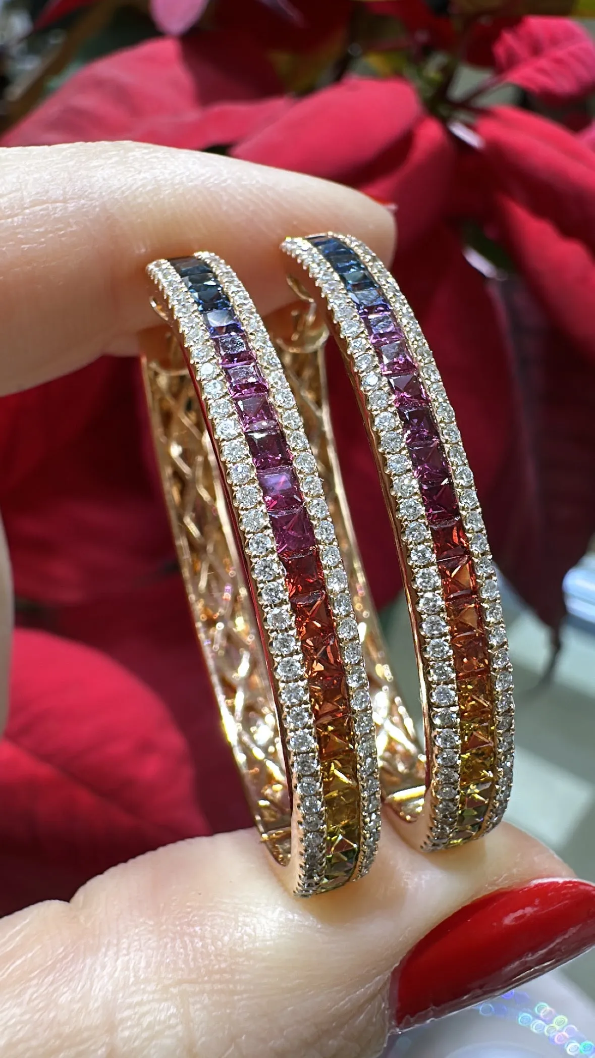 3.20ct tw Rainbow Princess-cut Sapphire & Diamond Rose Gold Hoop Earrings