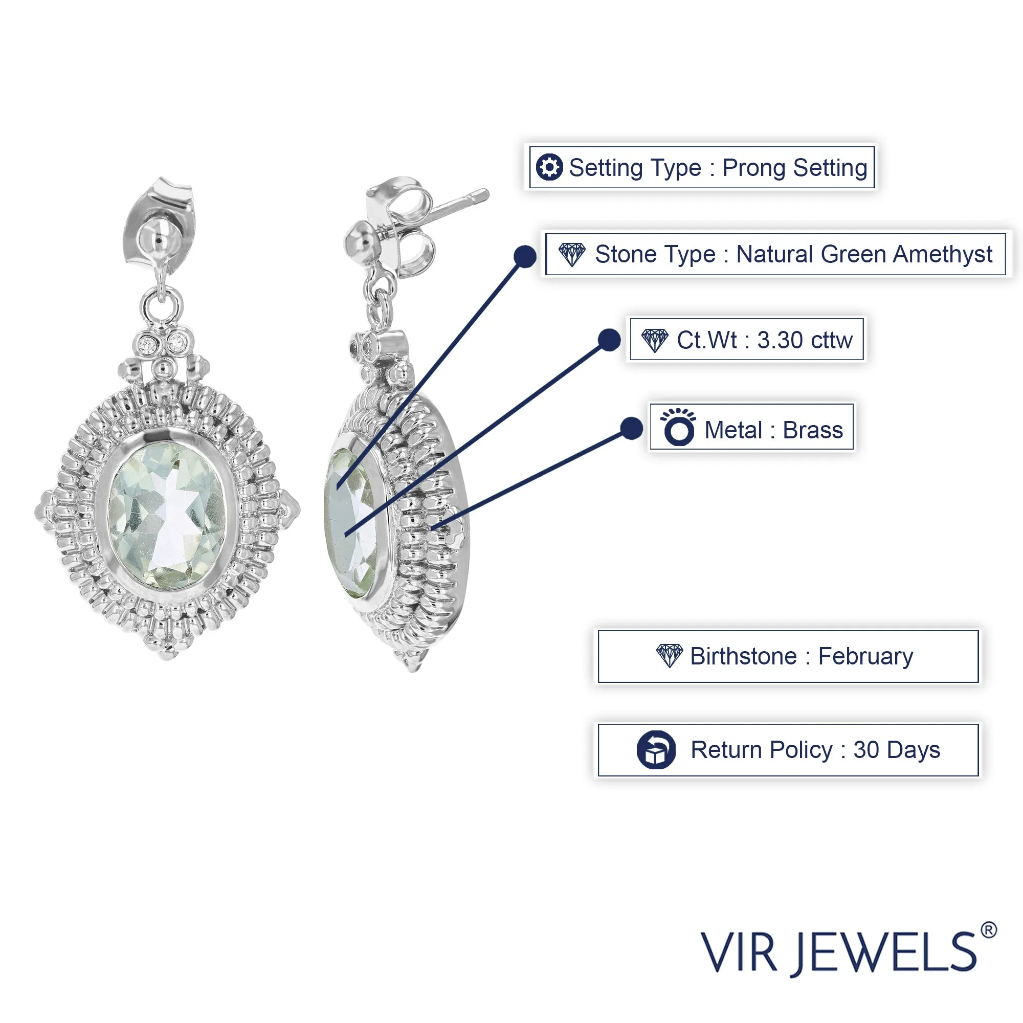 3.30 cttw Green Amethyst Dangle Earrings Brass With Rhodium Plating 10x8 MM Oval