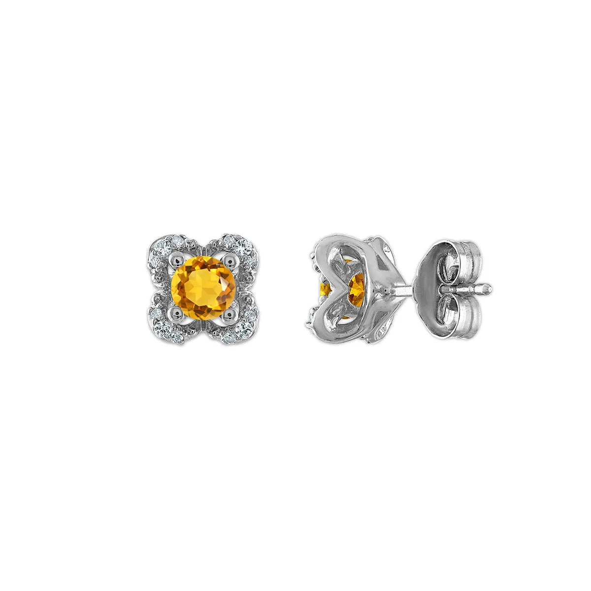 4MM Round Citrine and White Sapphire Birthstone Flower Halo Earrings in Sterling Silver