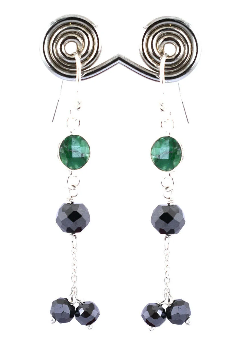 5 mm, Black Diamond with Emerald Beads Unique Style Dangler Earrings In 925 Silver, Elegant Look