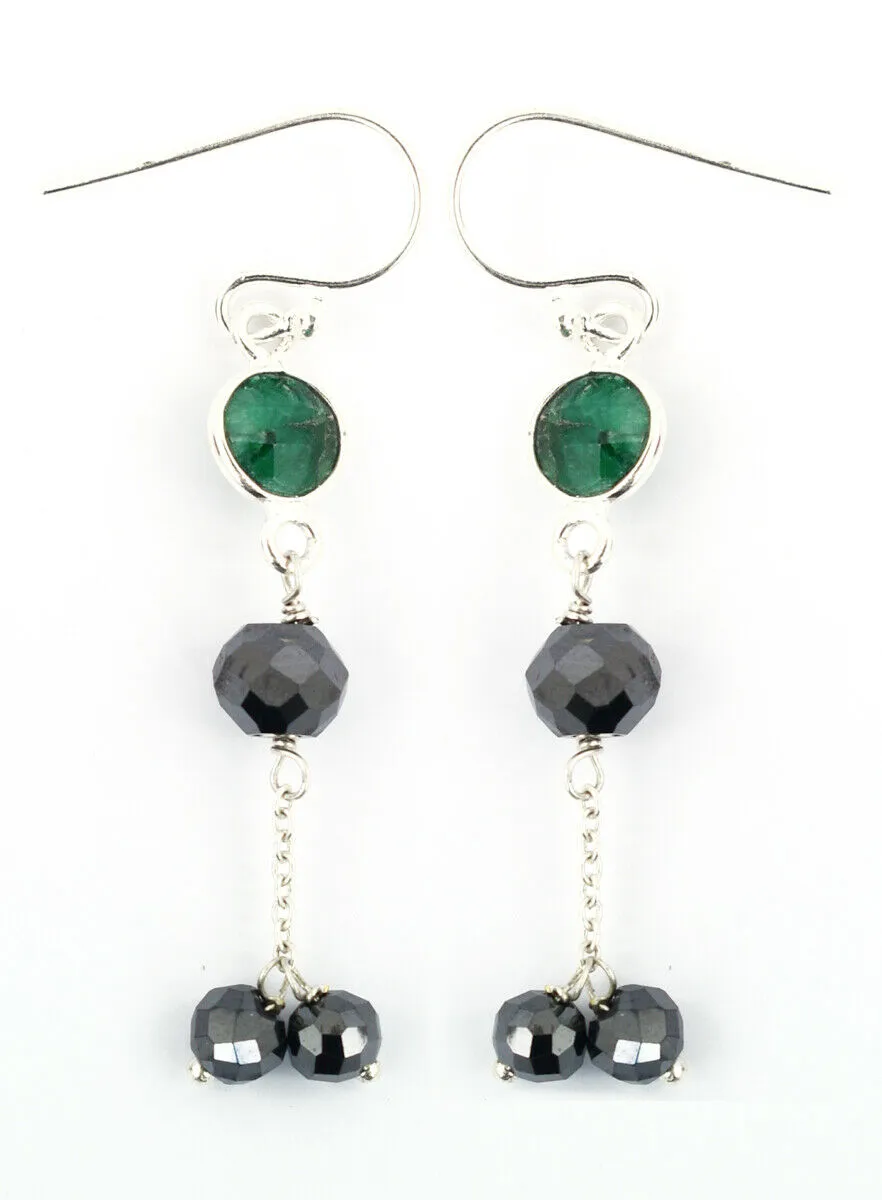 5 mm, Black Diamond with Emerald Beads Unique Style Dangler Earrings In 925 Silver, Elegant Look