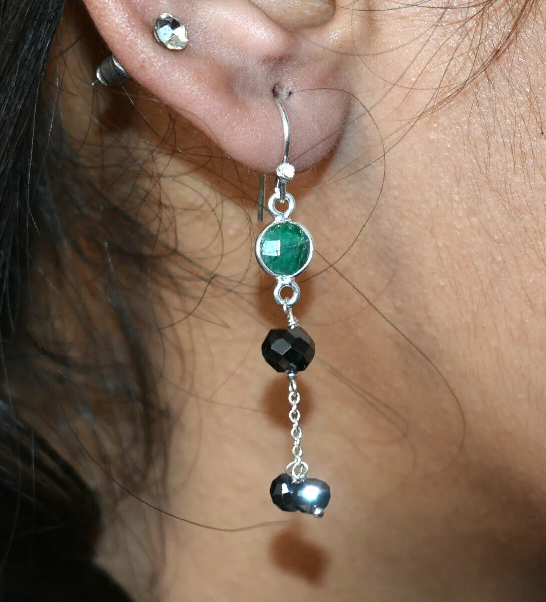 5 mm, Black Diamond with Emerald Beads Unique Style Dangler Earrings In 925 Silver, Elegant Look
