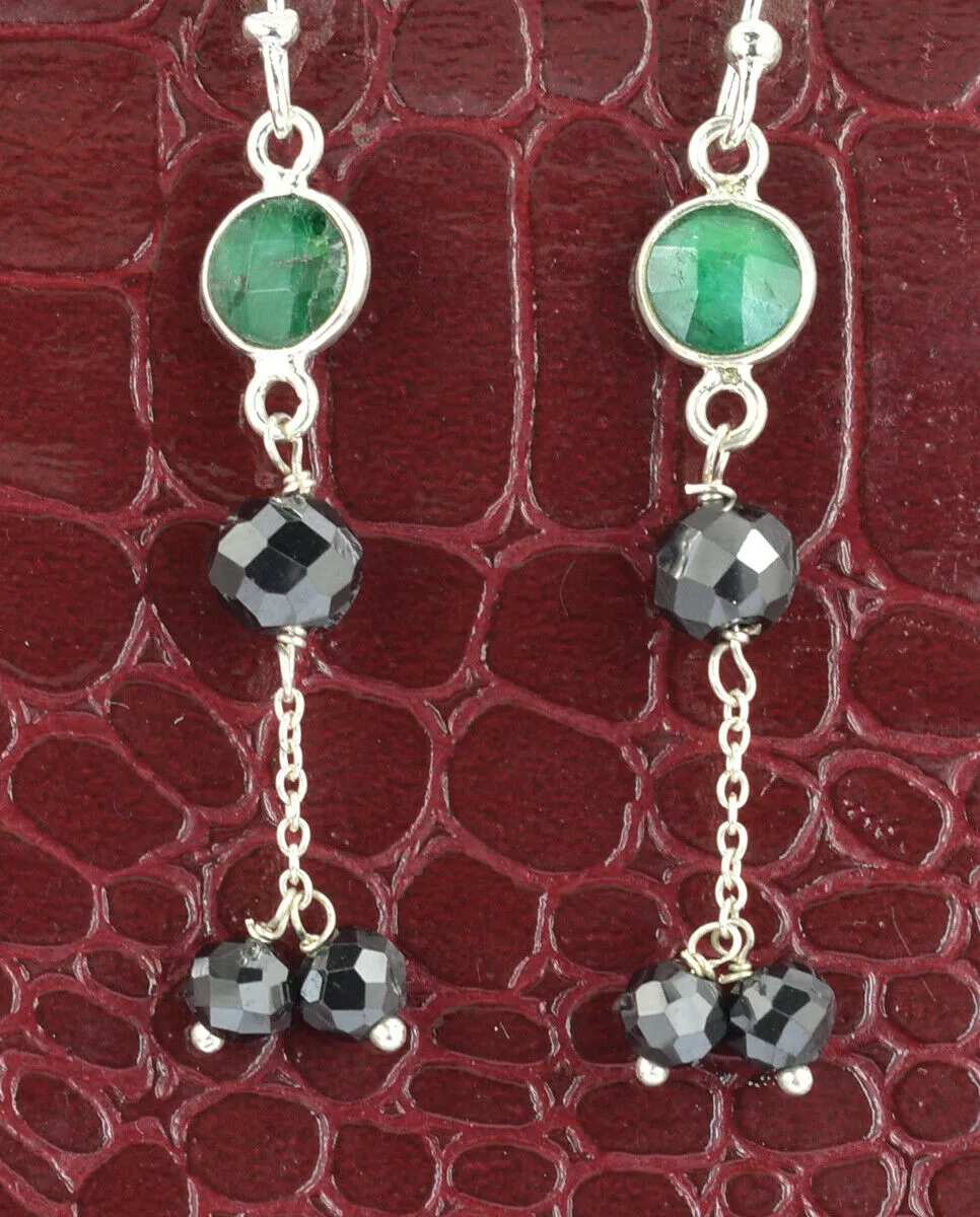 5 mm, Black Diamond with Emerald Beads Unique Style Dangler Earrings In 925 Silver, Elegant Look
