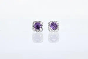 5mm Round Amethyst Diamond Earrings With Halo 14k White Gold
