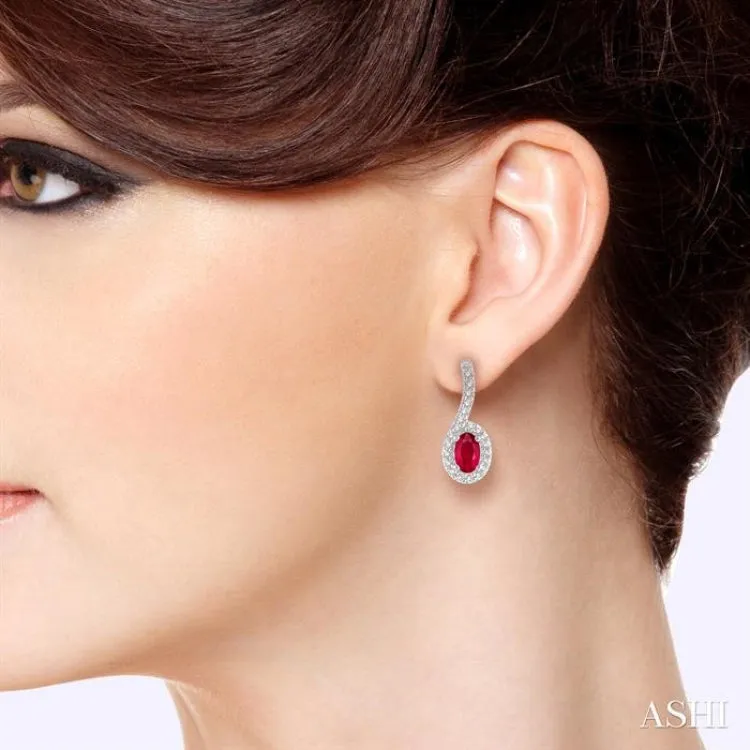 5x3 MM Hanging Arm Oval Cut Ruby and 1/6 ctw Round Cut Diamond Precious Earring in 10K White Gold
