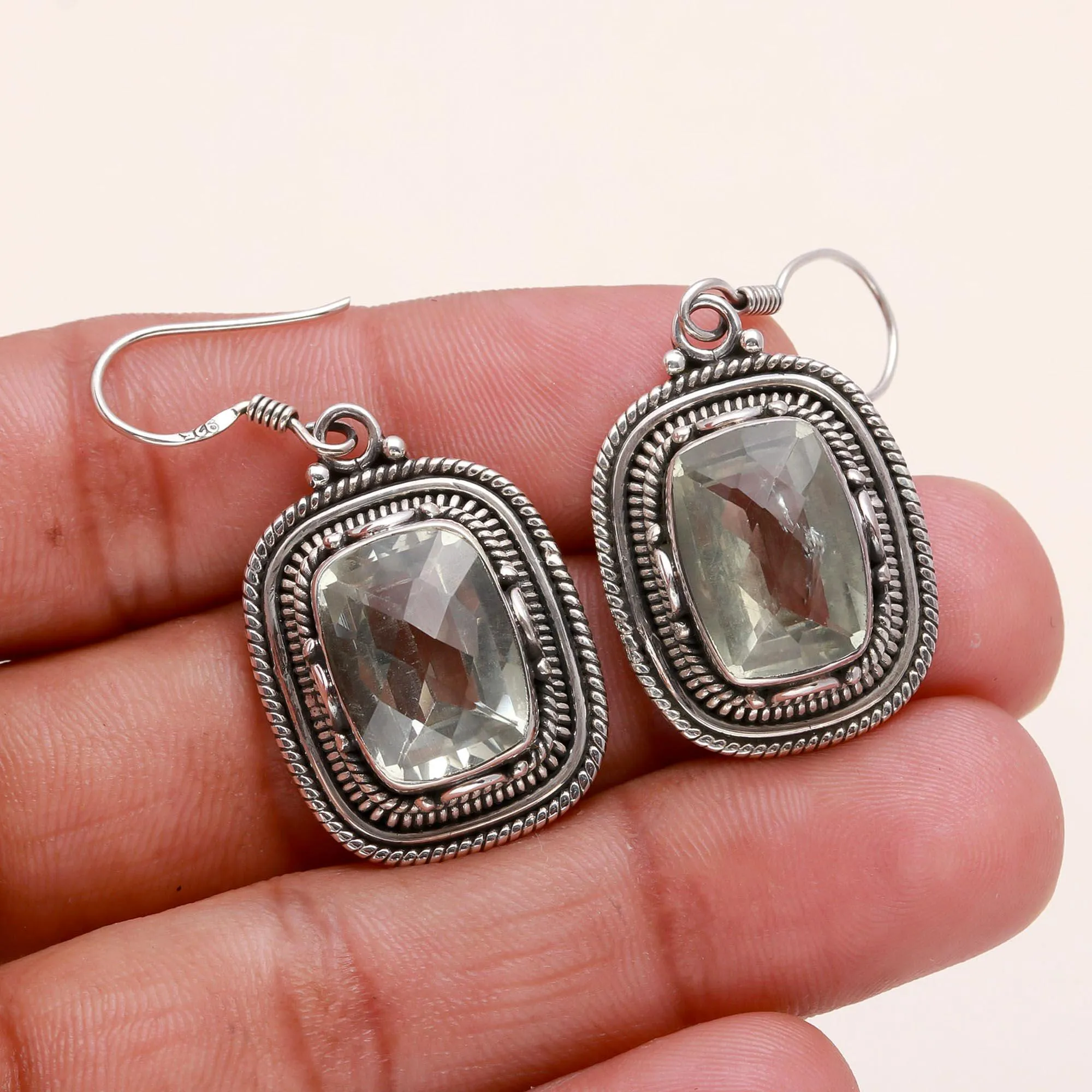 925 Sterling Silver Faceted Green Amethyst Drop Earrings