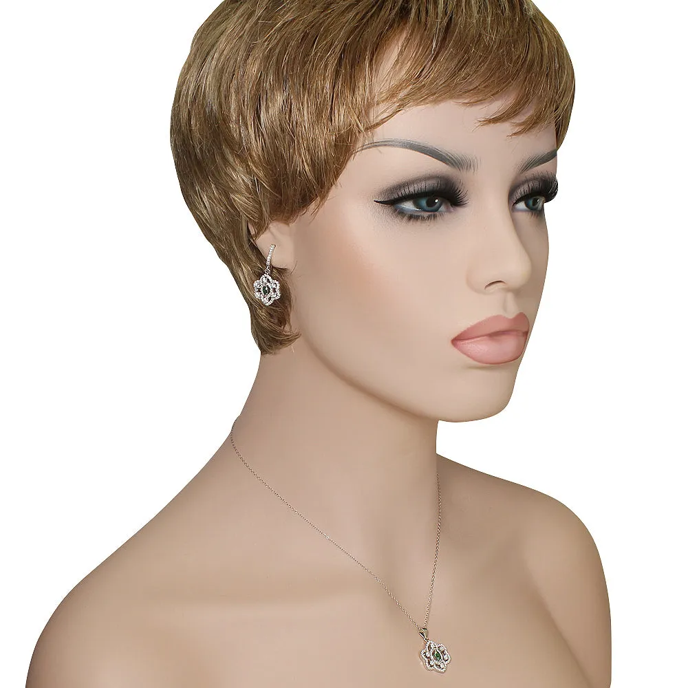 925 Sterling Silver Green Emerald-Tone CZ Chandelier Dangle Earrings Pendant Necklace Set