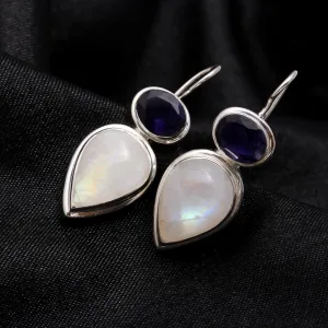 925 Sterling Silver Handmade Moonstone & Amethyst Dangle Earrings