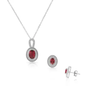 925 Sterling Silver Red Ruby-Tone CZ Oval Stud Earrings Pendant Necklace Set