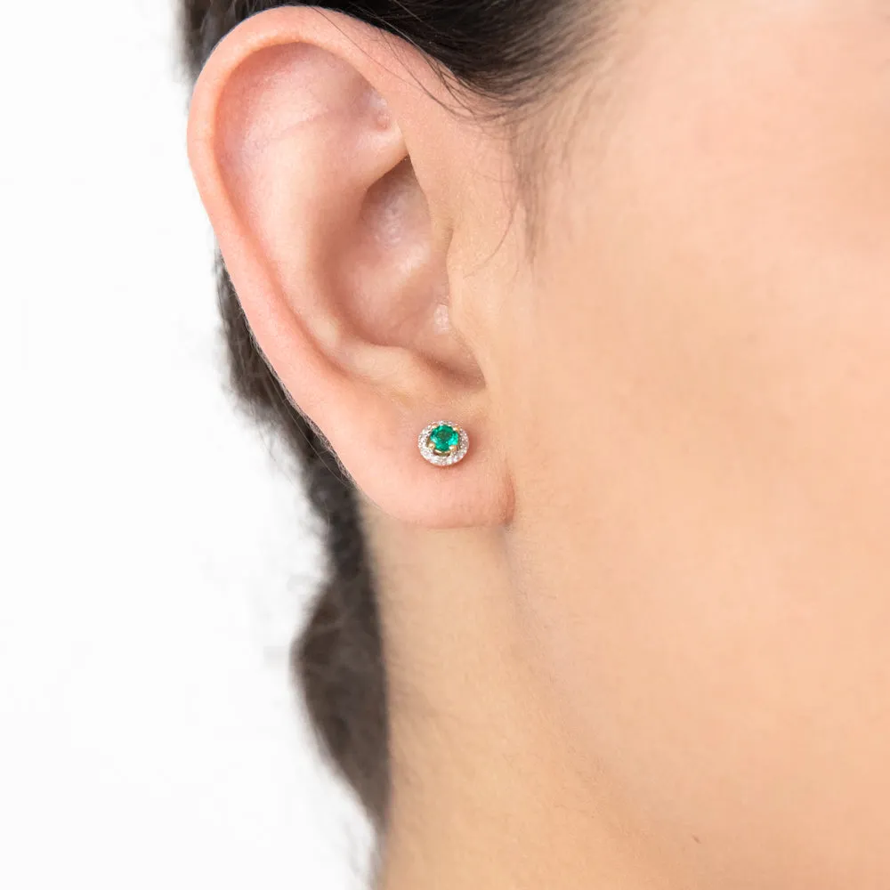9ct Yellow Gold Created Emerald and Diamond Halo Studs Earrings