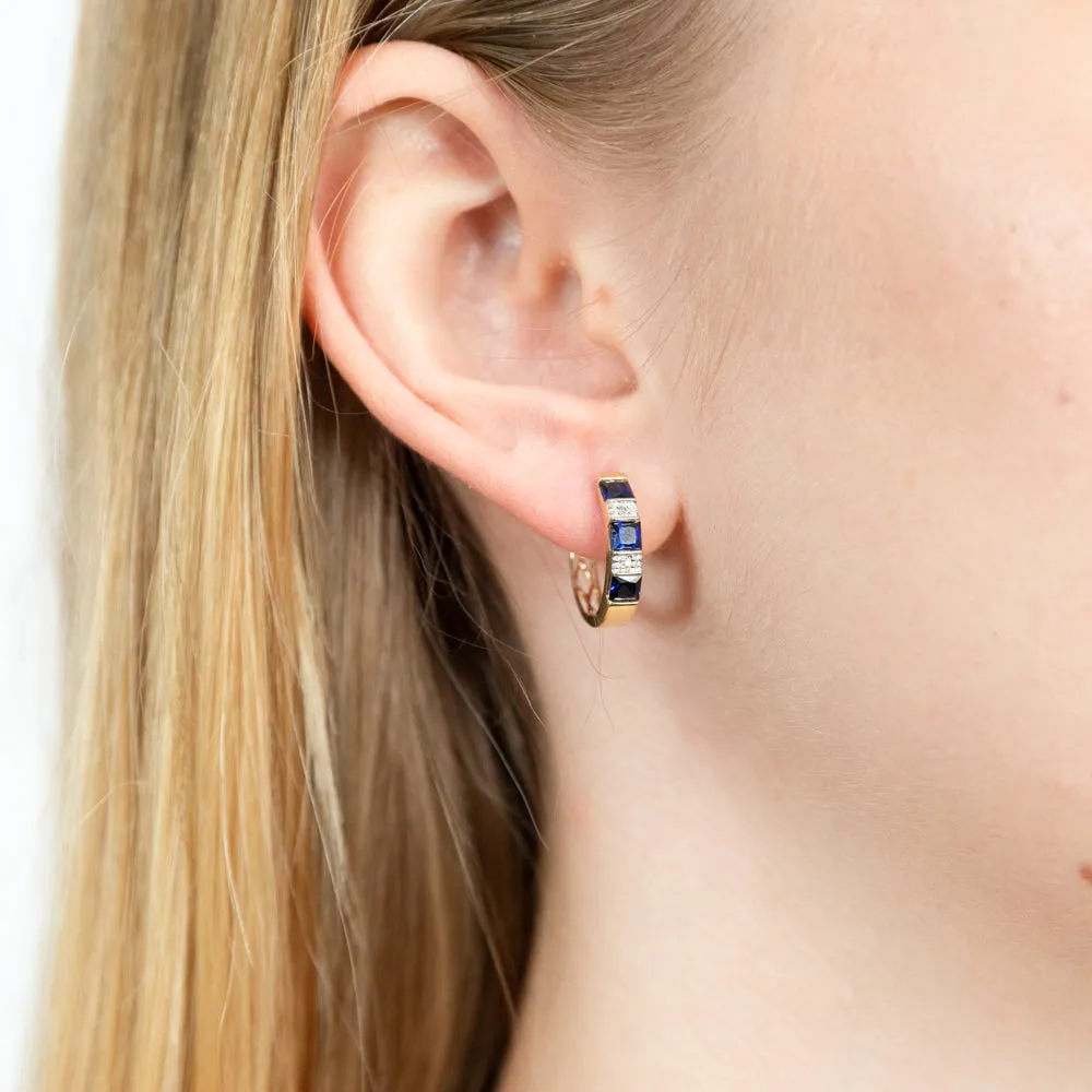 9ct Yellow Gold Created Sapphire and Diamond Hoop Earrings