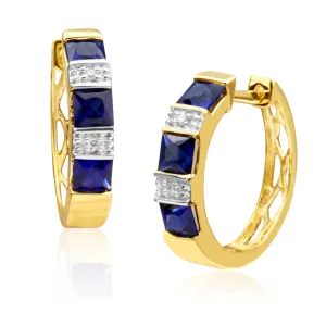 9ct Yellow Gold Created Sapphire and Diamond Hoop Earrings
