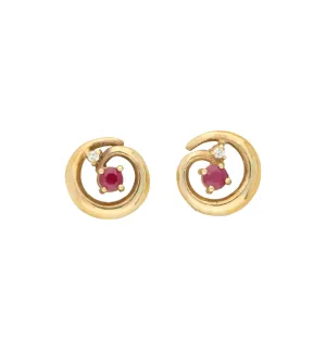 9ct yellow gold ruby and diamond swirl ear studs