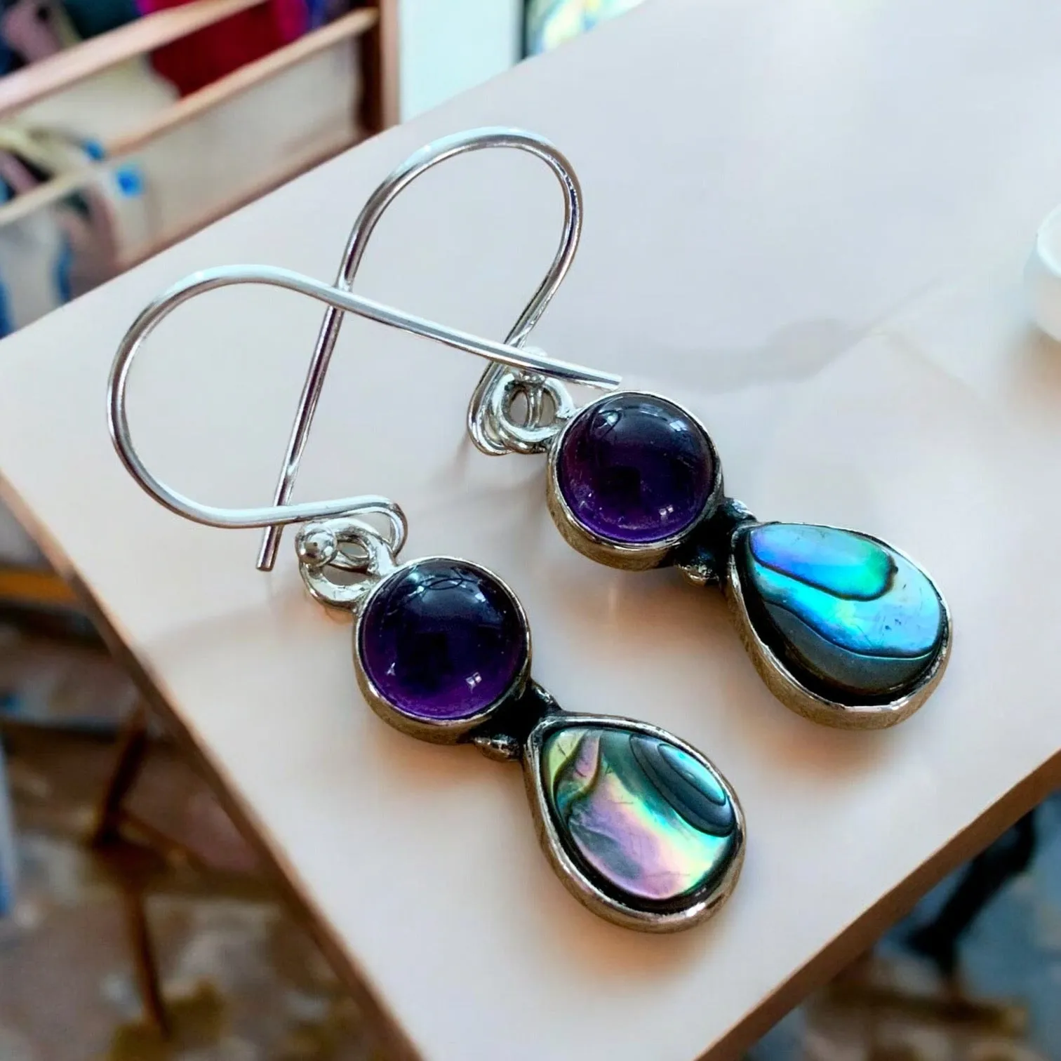 Abalone & Amethyst Solid 925 Sterling Silver Earrings