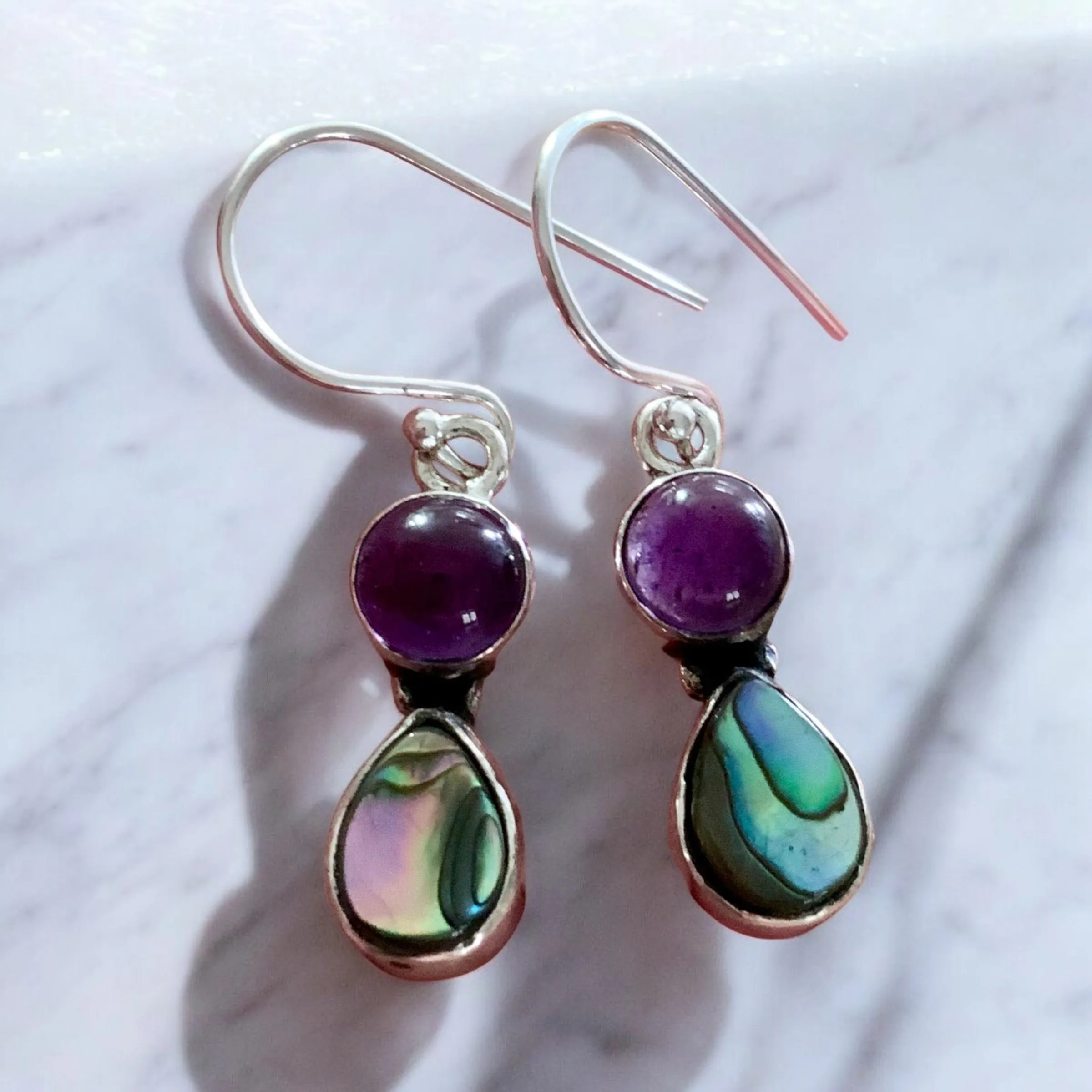 Abalone & Amethyst Solid 925 Sterling Silver Earrings
