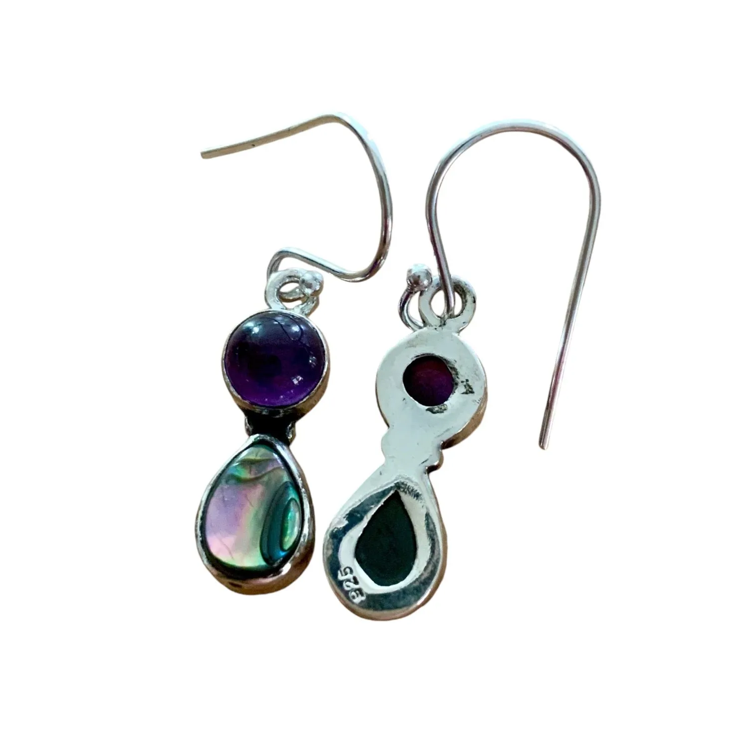 Abalone & Amethyst Solid 925 Sterling Silver Earrings