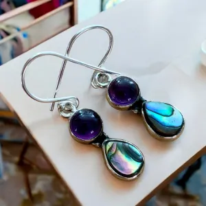 Abalone & Amethyst Solid 925 Sterling Silver Earrings