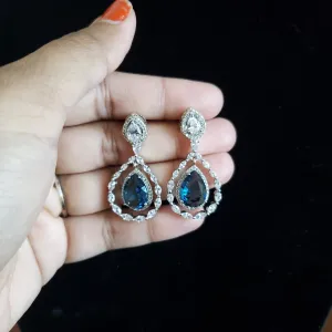 American Diamond Classic Earring With Rhodium Plating Blue
