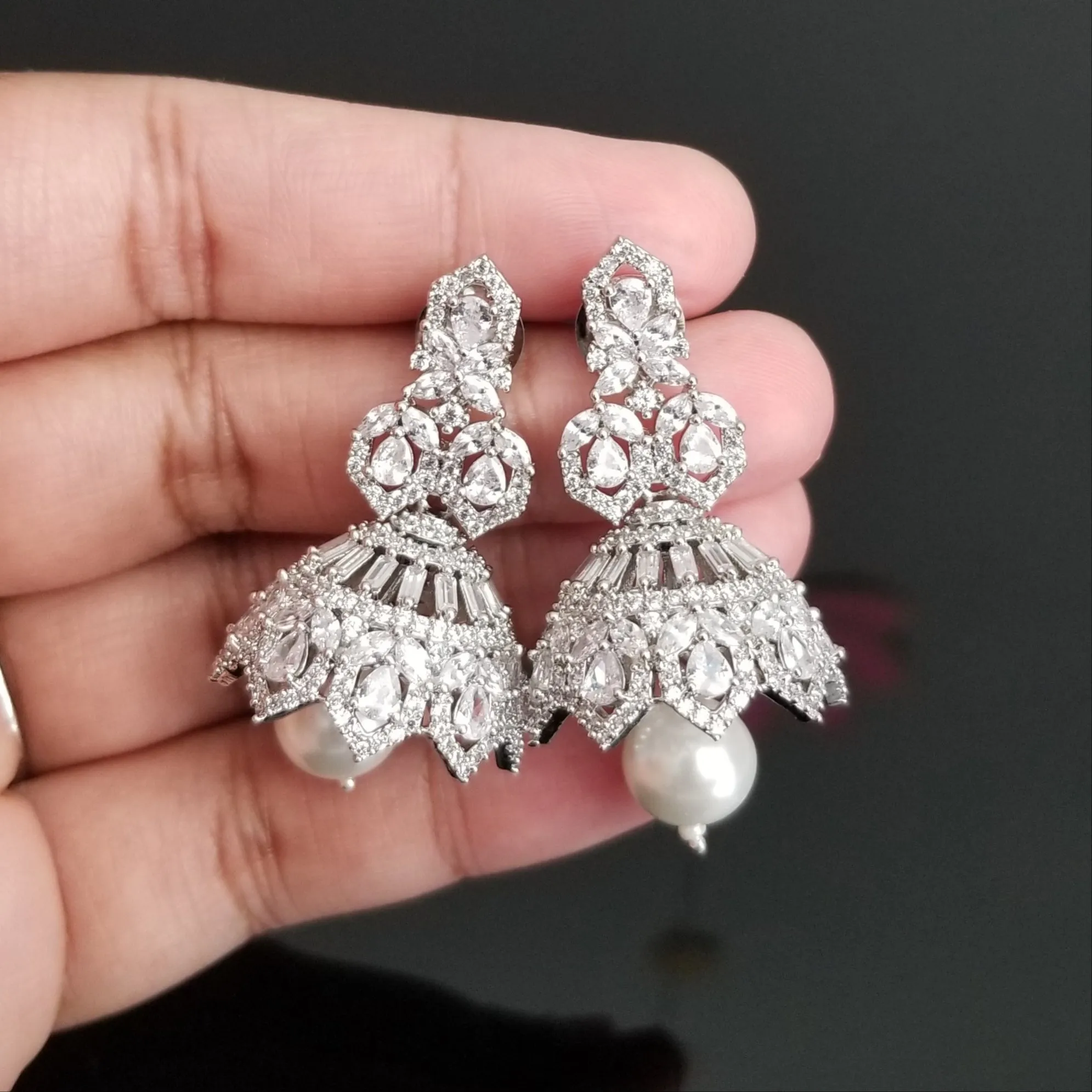 American Diamond Jhumkas With Silver Finish BT13