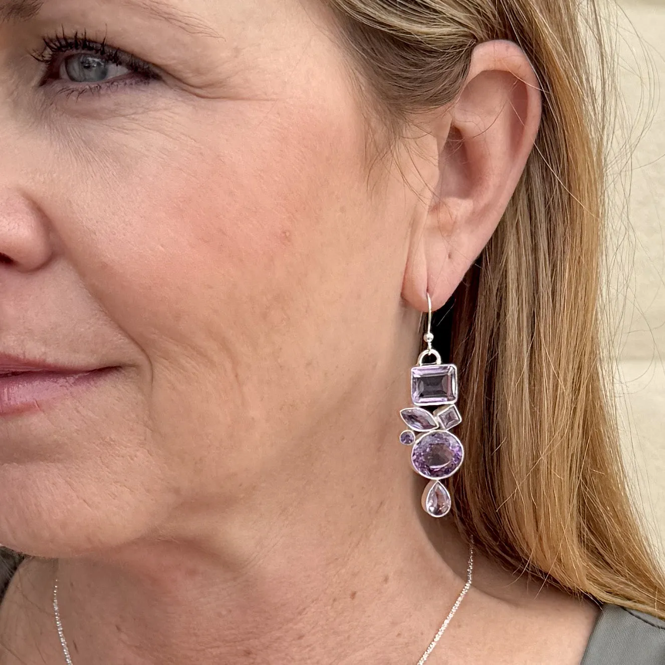 Amethyst 2.5” Asymmetrical Silver Earrings