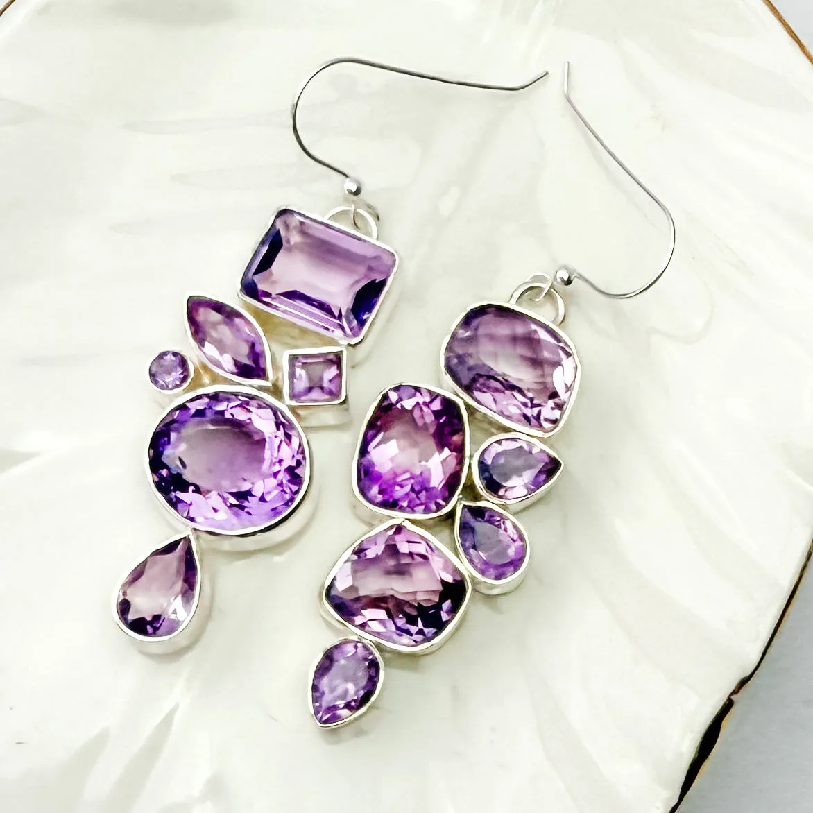 Amethyst 2.5” Asymmetrical Silver Earrings