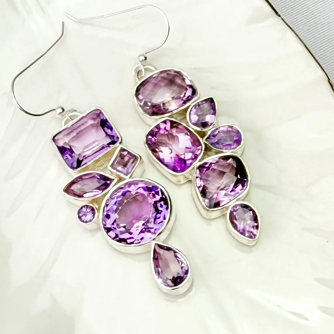 Amethyst 2.5” Asymmetrical Silver Earrings