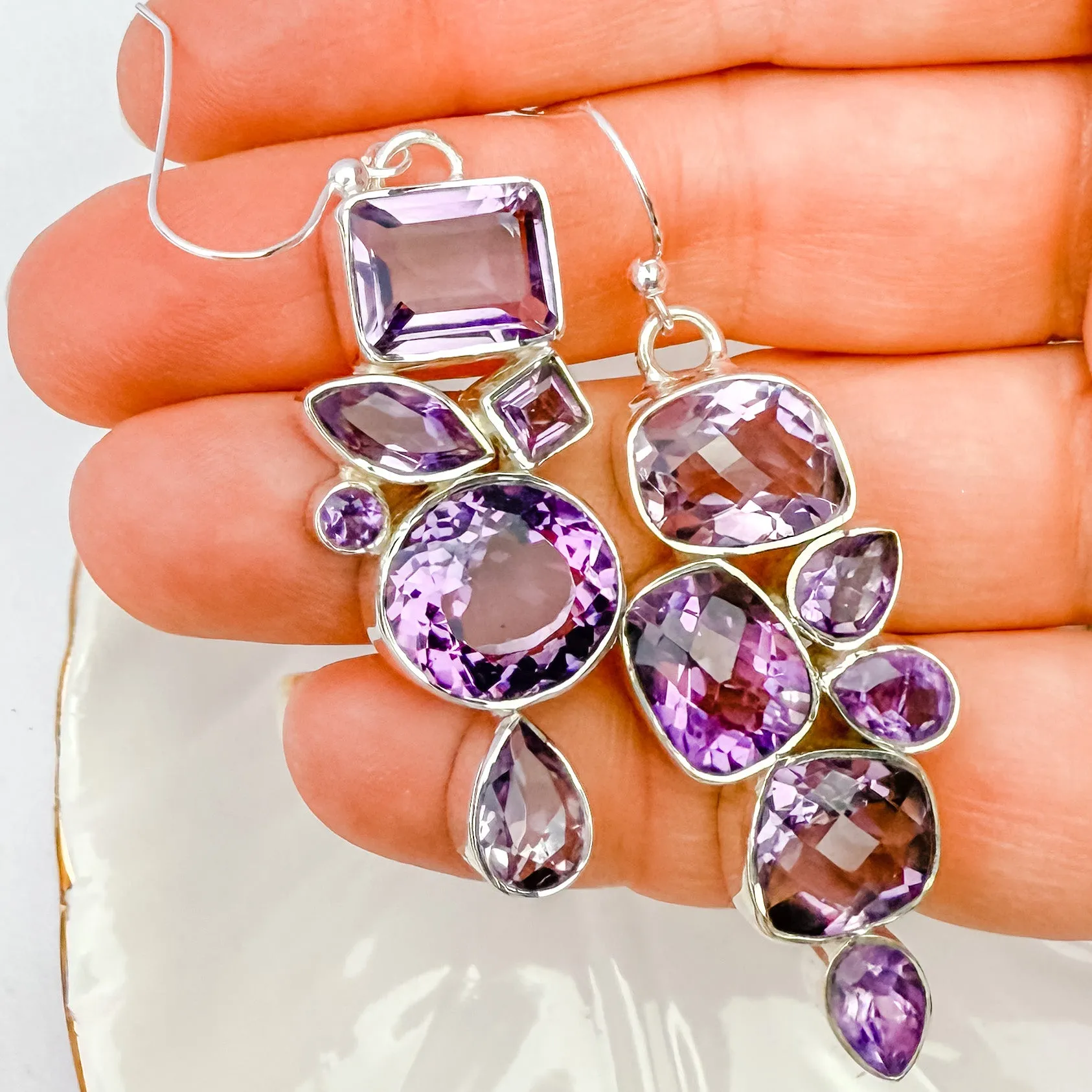 Amethyst 2.5” Asymmetrical Silver Earrings