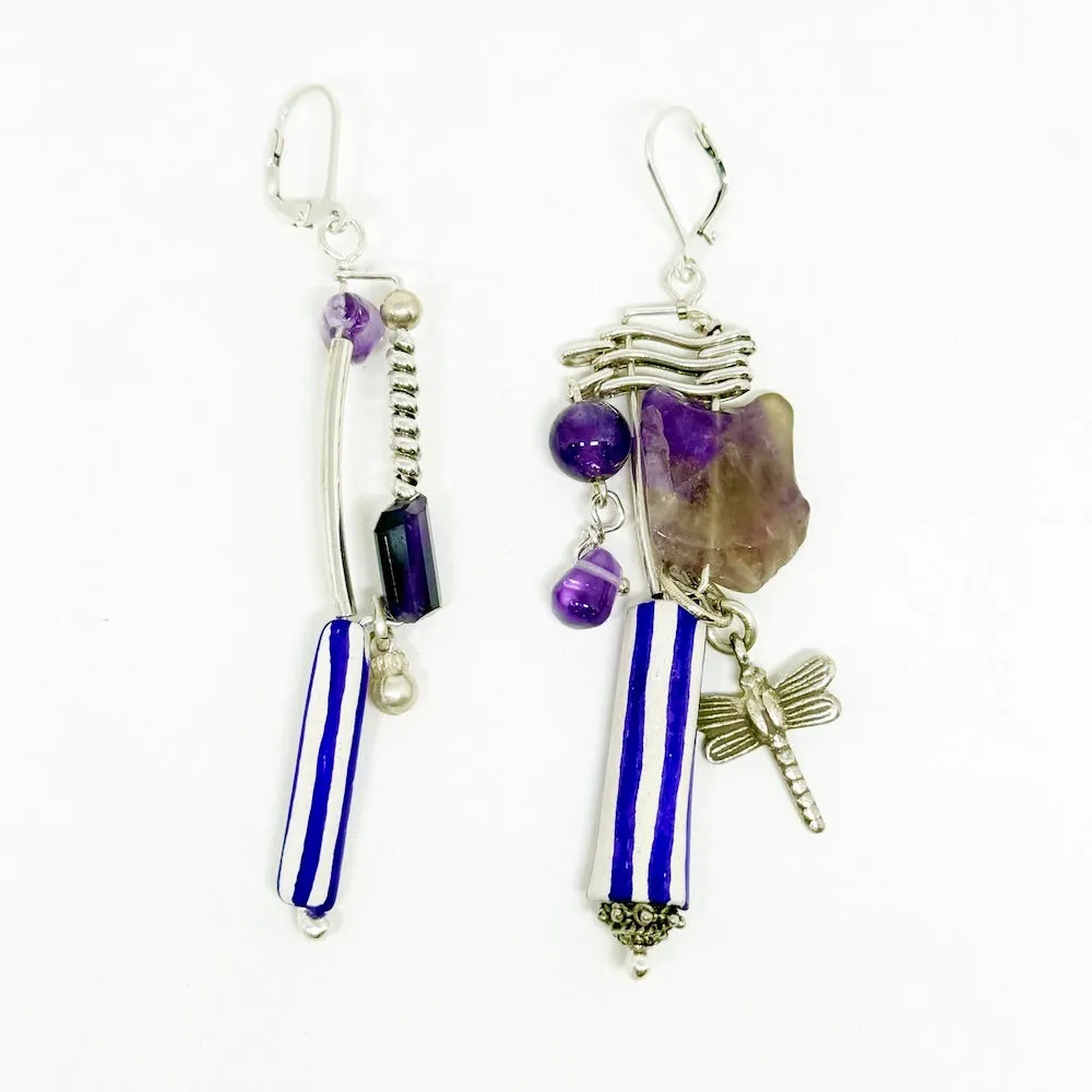 Amethyst and sterling silver earrings with Antique ceramics